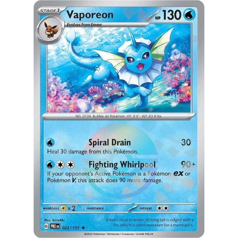 Vaporeon Pokémon trading card with blue and silver border
