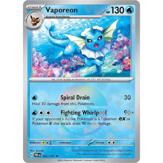 Vaporeon Pokémon trading card with blue and silver border