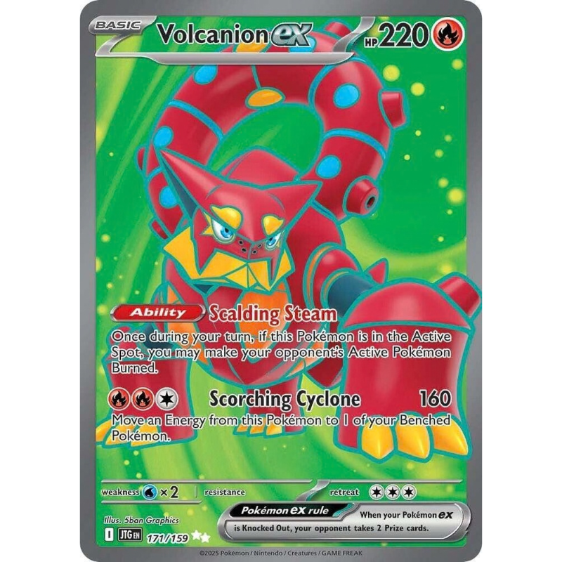 Pokémon trading card featuring Volcanion EX with green and red design