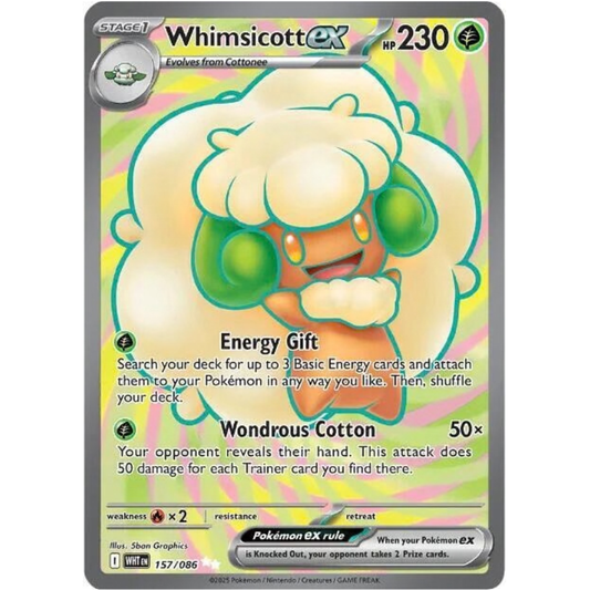 Pokémon trading card featuring Whimsicott ex with colorful border