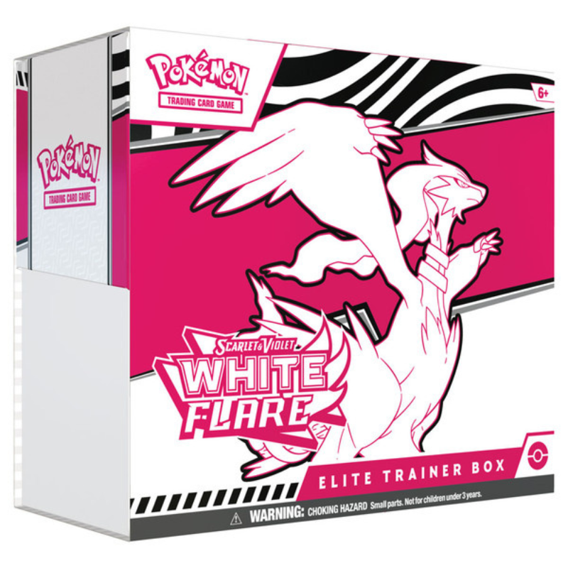 Pokémon trading card game elite trainer box with white Flare design on pink background