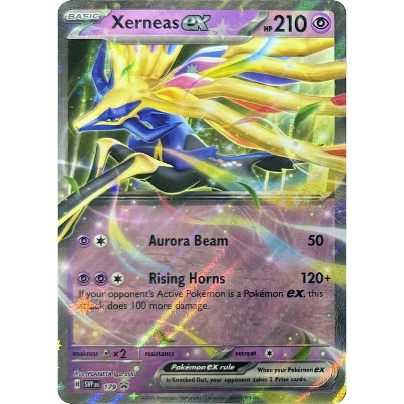Pokémon trading card featuring Xerneas EX with colorful design and text.