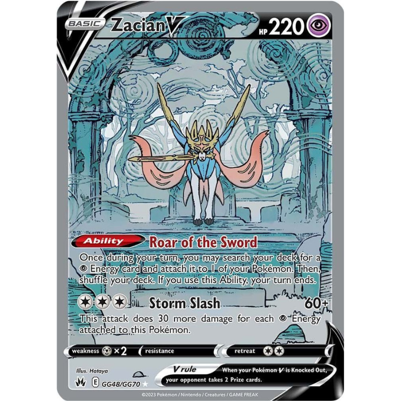 Pokémon trading card featuring Zacian V with detailed artwork and text.