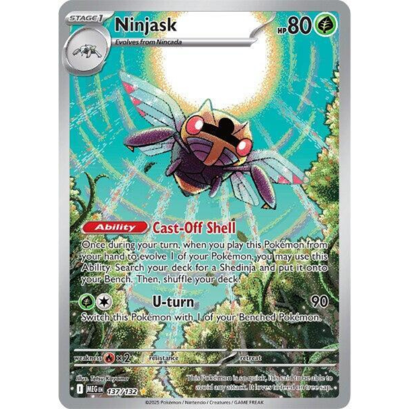 Pokémon trading card featuring Ninjask with a nature-themed background