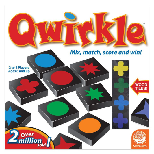 Qwirkle board game packaging with colorful tiles and text on a white background