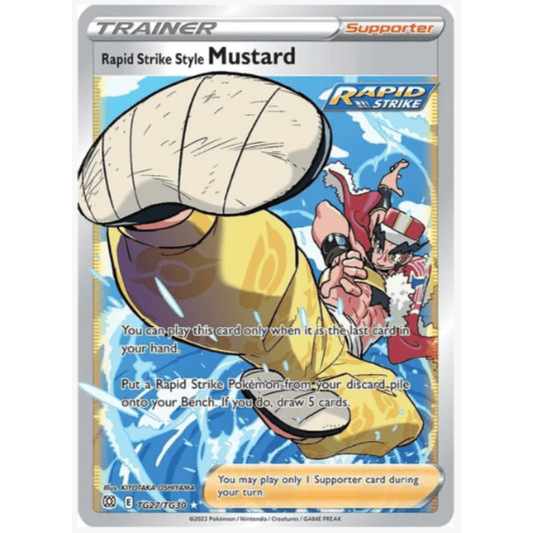 A Pokémon trading card for Rapid Strike Style Mustard, featuring artwork of a mustard-colored creature with a large shell-like head and a character in red and white, shown against a clean white background.