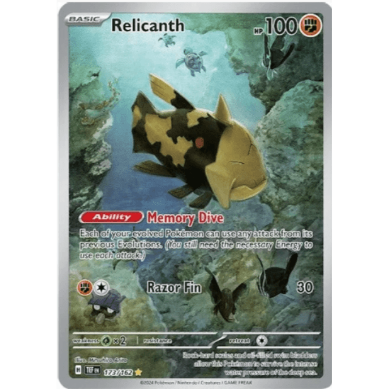A collectible trading card featuring the character Relicanth from the Temporal Forces set, displaying the card's artwork with game-related text and graphics.