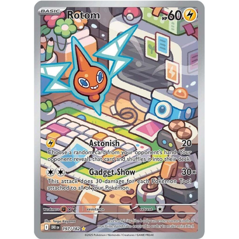 Pokémon trading card featuring Rotom with colorful background