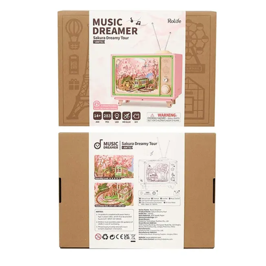 The product packaging for the 'Music Dreamer' 3D puzzle toy by Rolife, showing both the front and back views of the brown cardboard box against a white background.