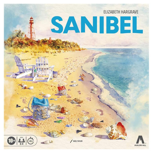 Board game box cover for 'Sanibel' by Elizabeth Hargrave, featuring a watercolor beach scene with a lighthouse, chairs, shells, and ocean water. The title 'SANIBEL' is printed in large blue letters at the top, with the author's name above it.