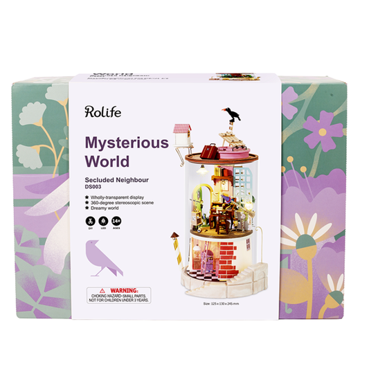 Rolife Mysterious World Secluded Neighbour D3500 wooden building kit packaging box, featuring a white central label with product details and an illustration of the miniature house inside, flanked by pastel floral side panels.