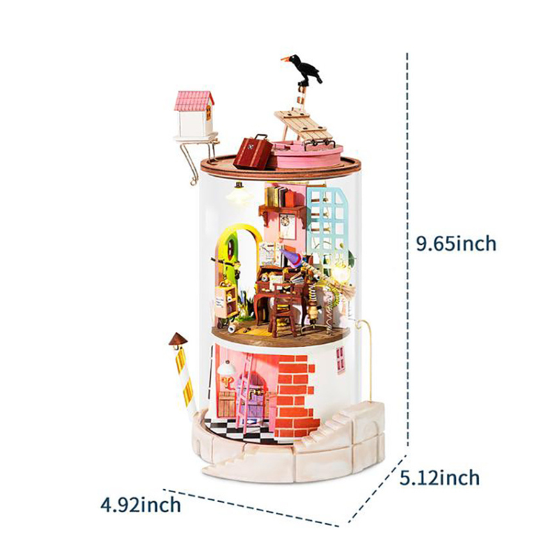A miniature dollhouse-style cylindrical model with a clear glass cylinder containing tiny furnished rooms, stairs, and small decorative figures, shown with dimension labels reading 9.65inch, 4.