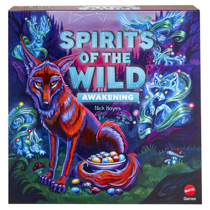 Board game box for 'Spirits of the Wild: Awakening' with colorful artwork of wolves and fantasy elements.