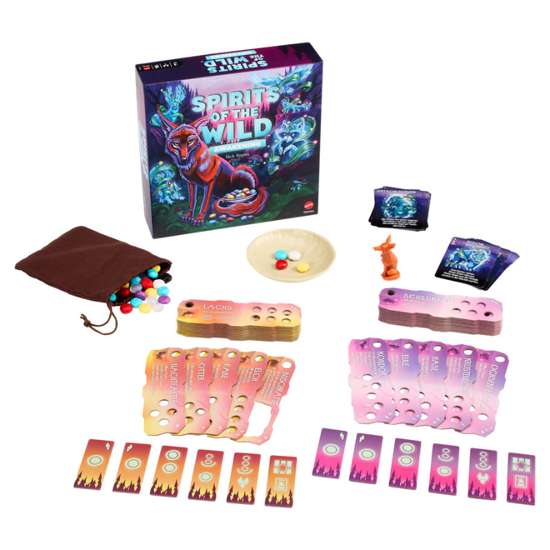 Board game components including cards, dice, and a box labeled 'Spirit of the Wild' on a white background.