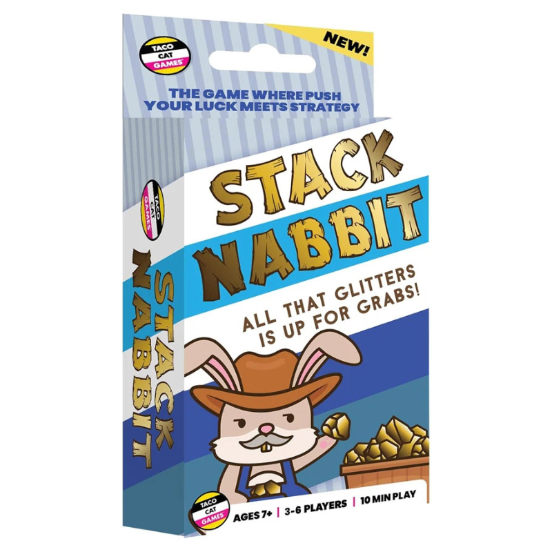 Packaging of 'Stack Nabbit' game with cartoon rabbit character and game details.