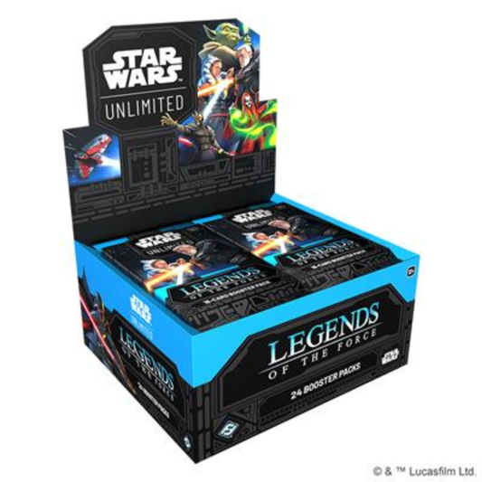 Star Wars Legends of the Force Unlimited booster pack display box containing 24 booster packs, shown on a plain white background.