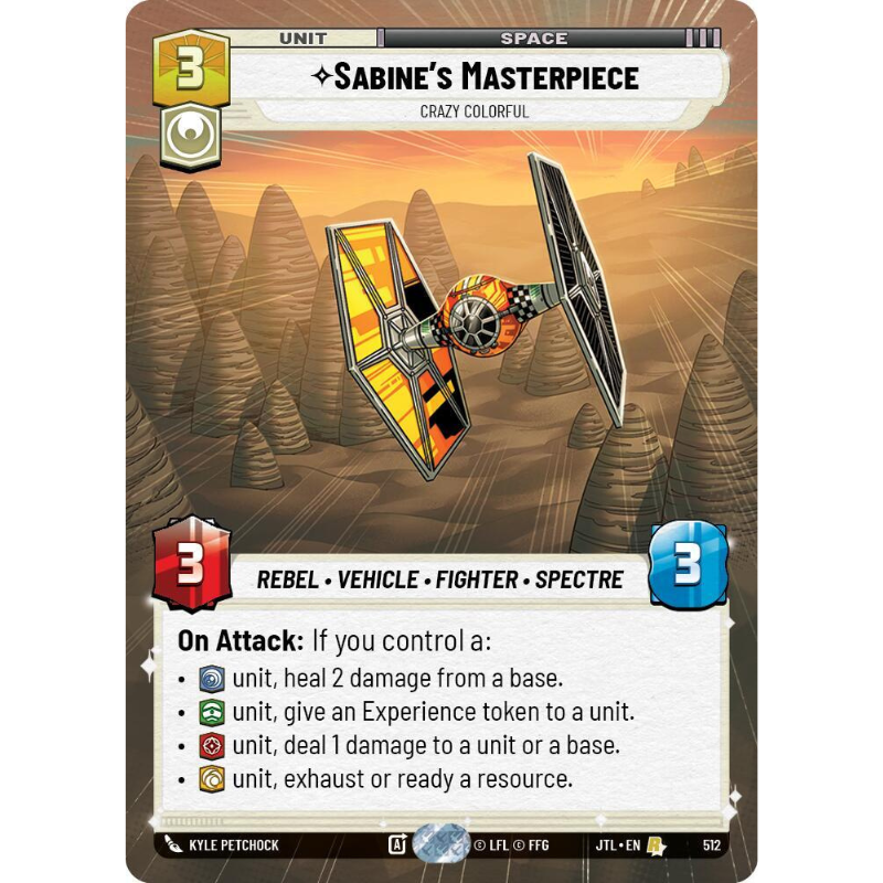 A collectible card titled “Sabine’s Masterpiece” from Star Wars: The Card Game, featuring artwork of a TIE fighter flying over a desert canyon landscape. The card includes game text boxes and color icons for Rebel, Vehicle, Fighter, and Spectre.