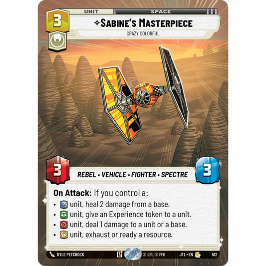 A collectible card titled “Sabine’s Masterpiece” from Star Wars: The Card Game, featuring artwork of a TIE fighter flying over a desert canyon landscape. The card includes game text boxes and color icons for Rebel, Vehicle, Fighter, and Spectre.