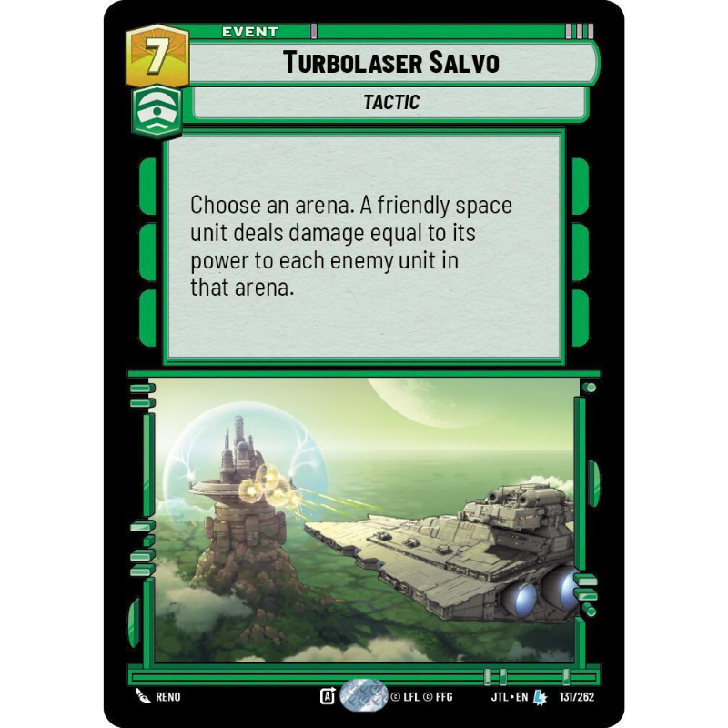 A single trading card titled 'Turbolaser Salvo' with a dark green border, black outer frame, and a central text box explaining a tactical event effect. The card includes a yellow power level 7 box, green status icons, and a sci-fi illustration showing a tower and a large machine structure in a green-tinted landscape.