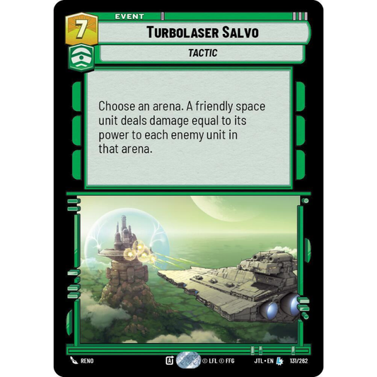 A single trading card titled 'Turbolaser Salvo' with a dark green border, black outer frame, and a central text box explaining a tactical event effect. The card includes a yellow power level 7 box, green status icons, and a sci-fi illustration showing a tower and a large machine structure in a green-tinted landscape.