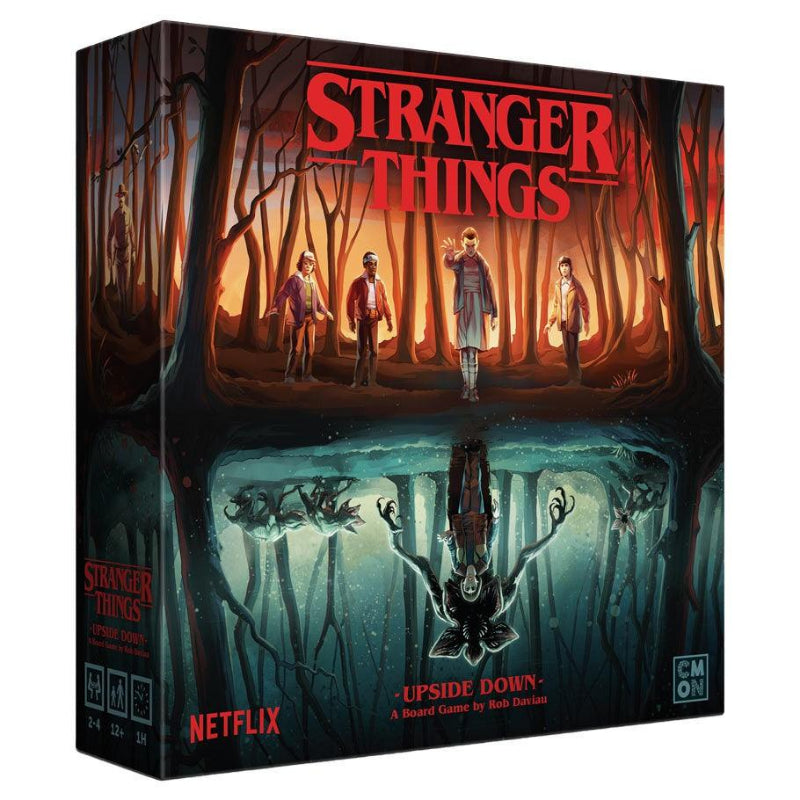 Stranger Things board game box with characters in a forest and Upside Down scene.