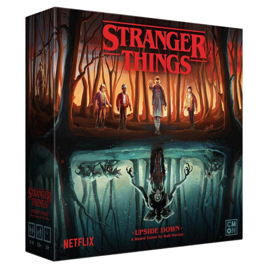 Stranger Things board game box with characters in a forest and Upside Down scene.
