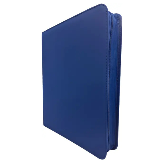 A blue faux leather tablet case shown at an angle on a plain white background.