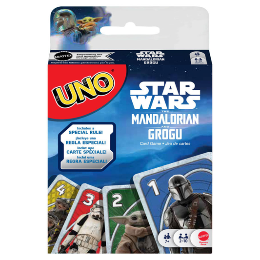 UNO card game packaging featuring Star Wars The Mandalorian and Grogu characters.