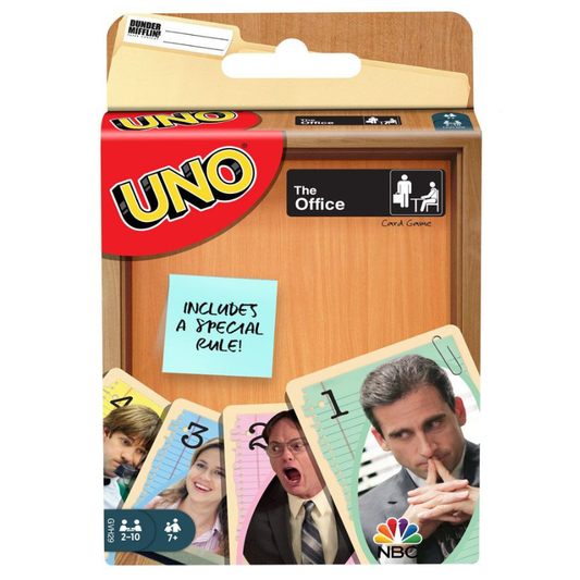 UNO The Office card game box on a white background, featuring the UNO logo, 'The Office' branding, a special rule note, and sample cards with movie character illustrations.