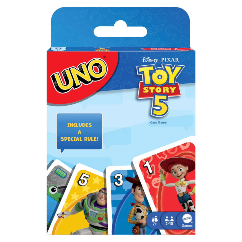 UNO card game packaging featuring Toy Story 5 characters on a white background