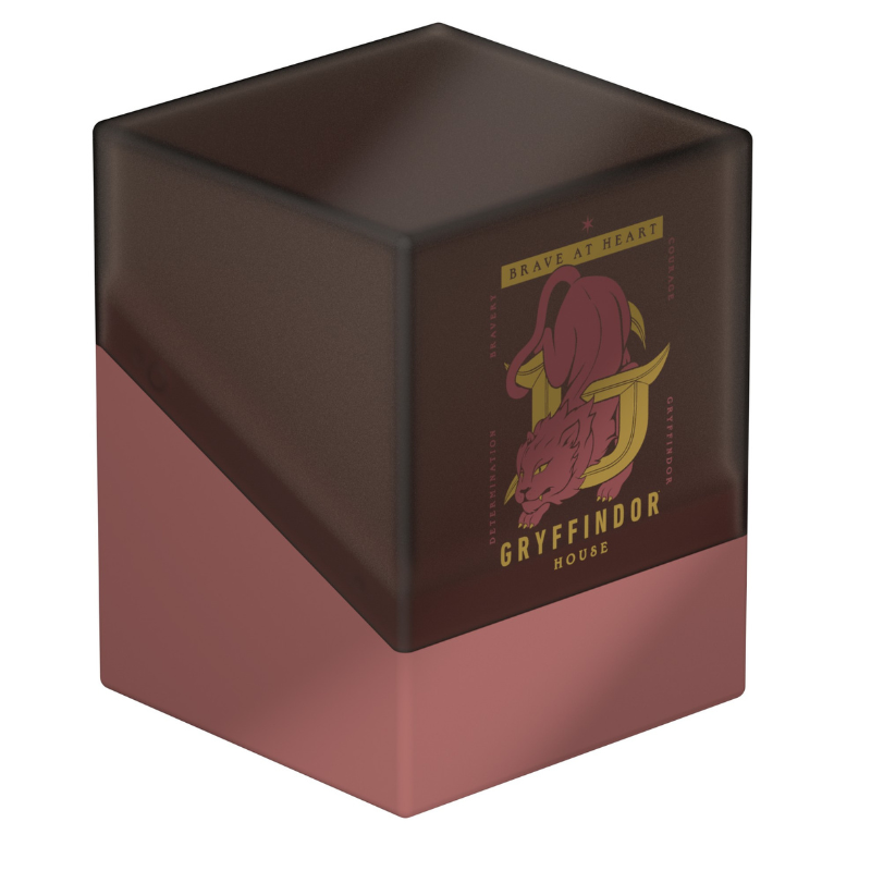 A translucent dark brown cube-shaped card protector box with a Gryffindor house logo on the front, featuring a dusty rose bottom half, set against a plain white background.