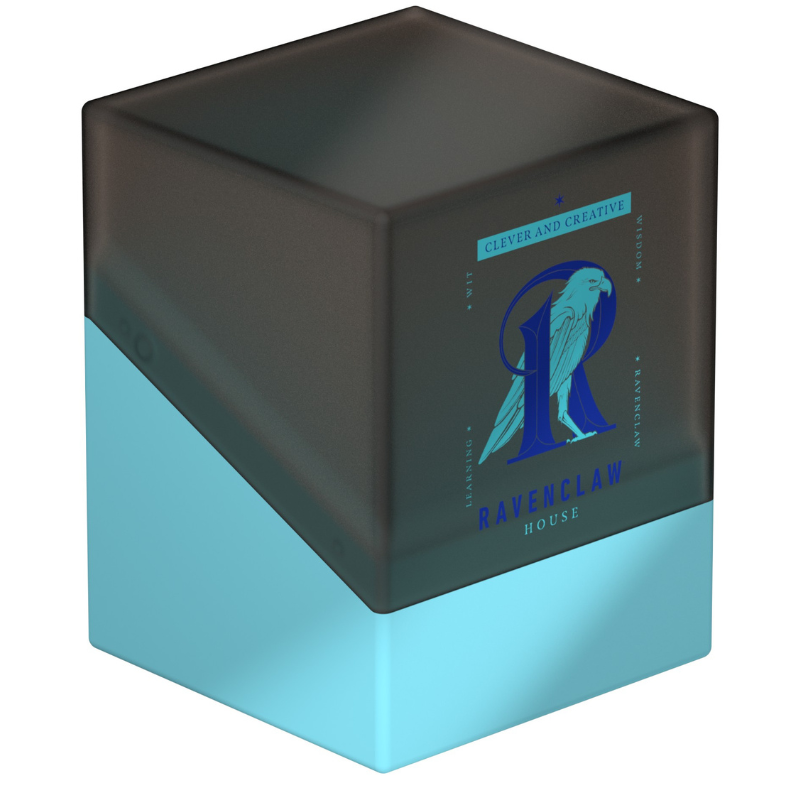 A cube-shaped collectible card box with a two-tone design, featuring a dark charcoal gray top half and a light blue bottom half. The top half displays a blue Ravenclaw logo and the text 'RAVENCLAW HOUSE' and 'SLIVER AND CREATIVE'.