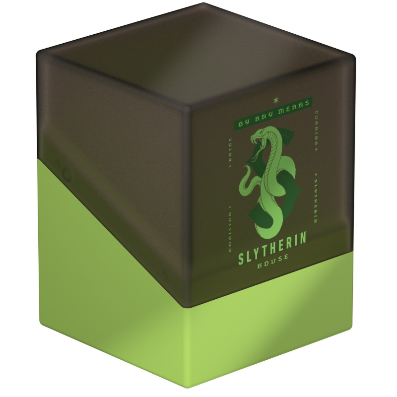 A translucent dark brown cube-shaped collectible box with a lime green base and a green Slytherin house crest printed on the front, shown on a plain white background.