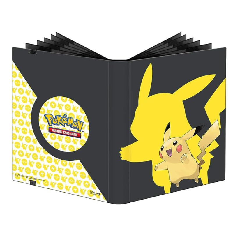 Pokémon Trading Card Game binder with Pikachu and a large Pikachu silhouette on the cover, shown open against a white background.