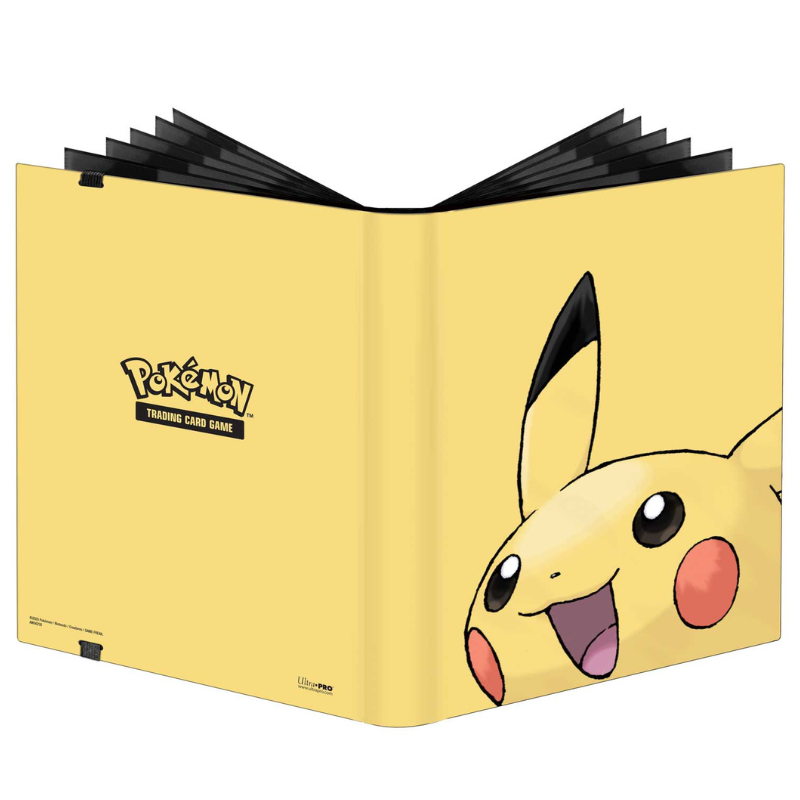 A Pokémon Trading Card Game binder in yellow, featuring Pikachu's face on the cover and black binder rings holding cards, shown on a white background.