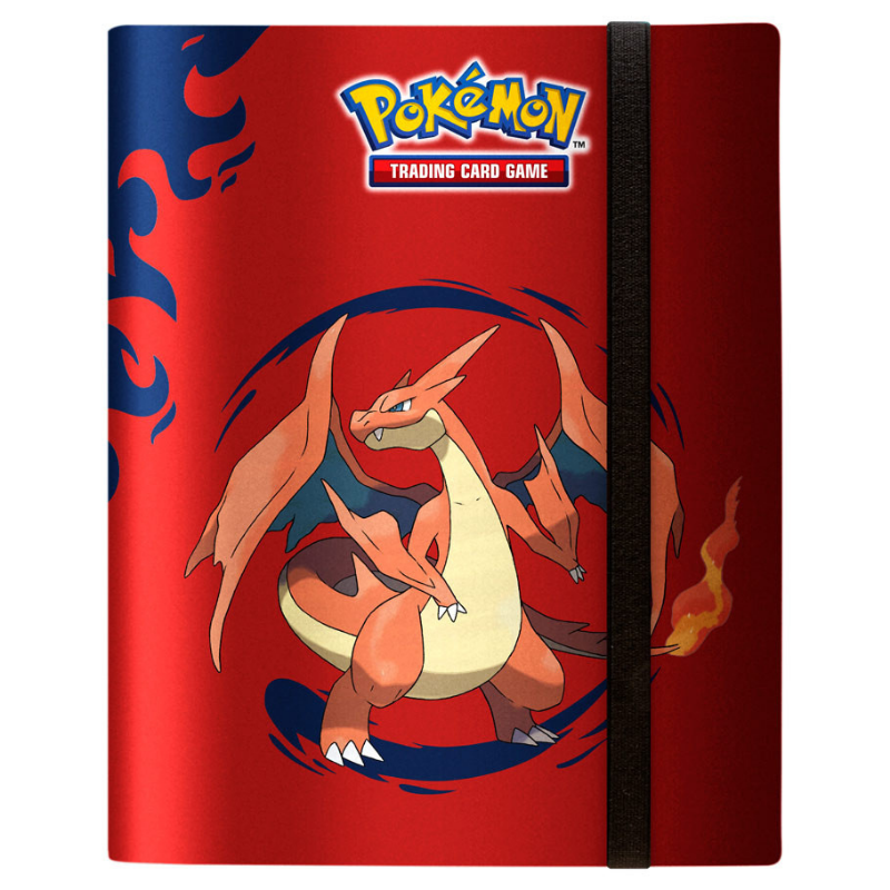 Pokémon trading card game binder with Charizard on a red background