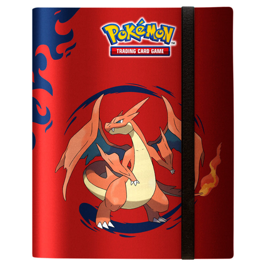 Pokémon trading card game binder with Charizard on a red background