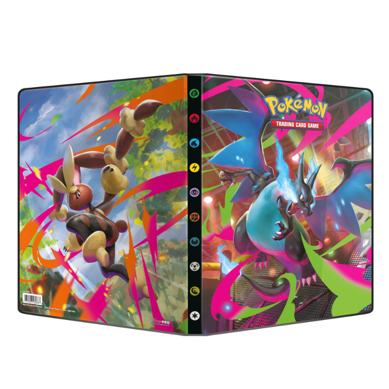 Pokémon Trading Card Game binder cover featuring colorful artwork of Eevee and Charizard with a column of colored rings on the spine, shown on a white background.