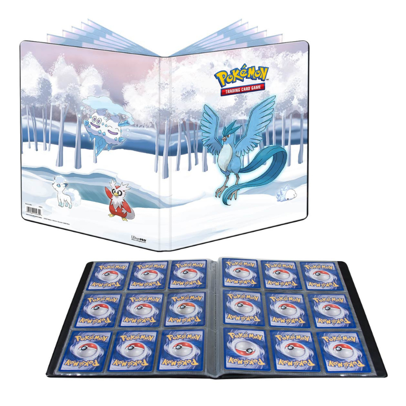 Pokémon Trading Card Game collector's album shown open, with illustrated cover art featuring a snowy forest and a blue bird-like Pokémon, plus a second open album below displaying blue card sleeves filled with cards.