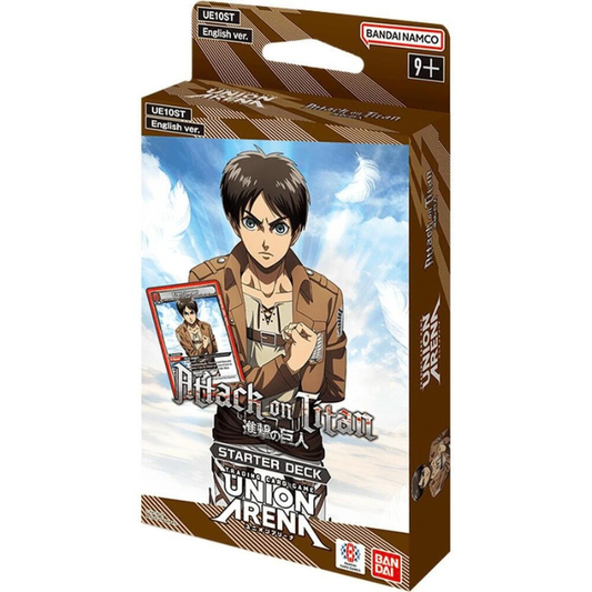 Card game starter deck packaging for 'Attack on Titan' with character illustration and branding.