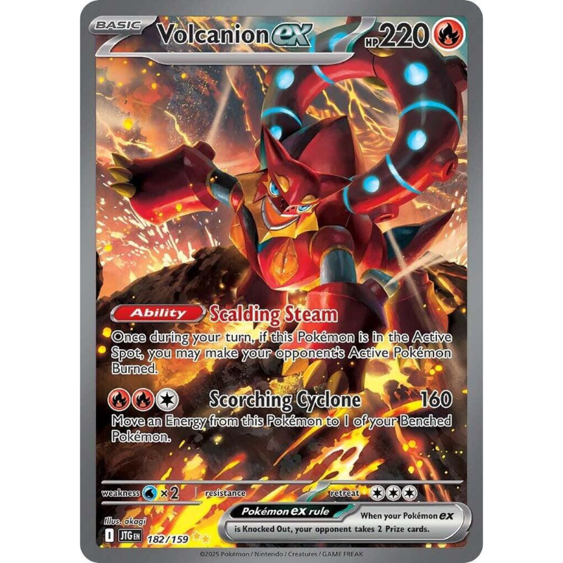 Pokémon trading card featuring Volcanion ex with fiery design and text.