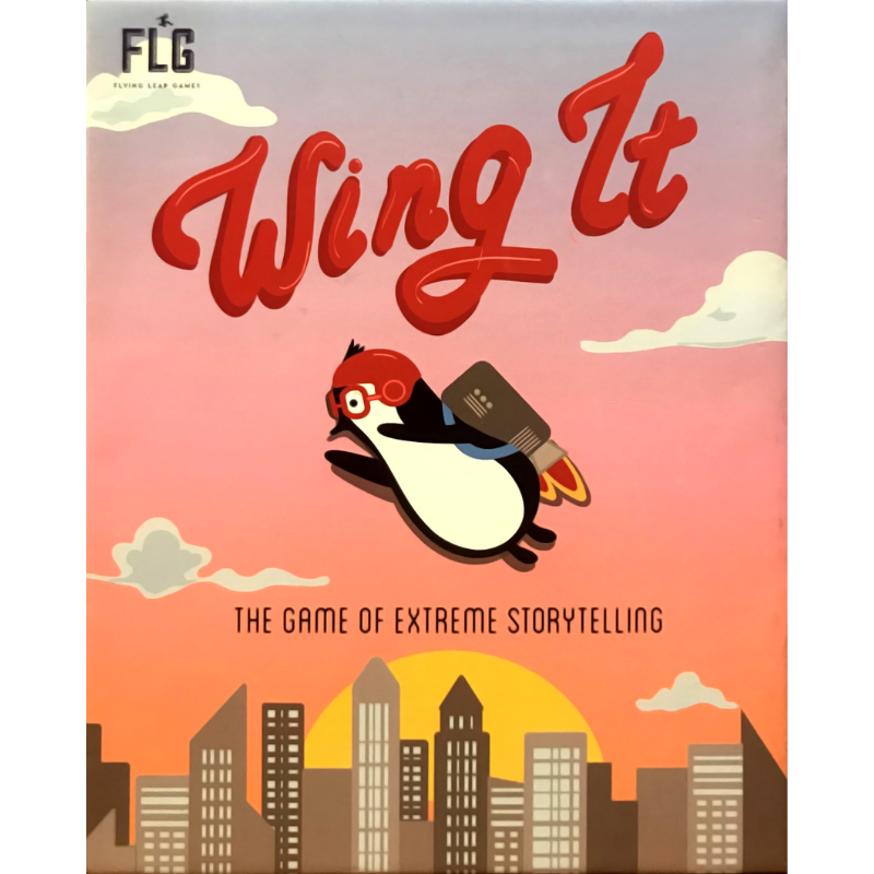 Front cover of the board game 'Wing It' by FLG, featuring a stylized penguin wearing a red flight helmet and backpack with a jet flame, flying against a pink and orange sunset sky with clouds and a city skyline.