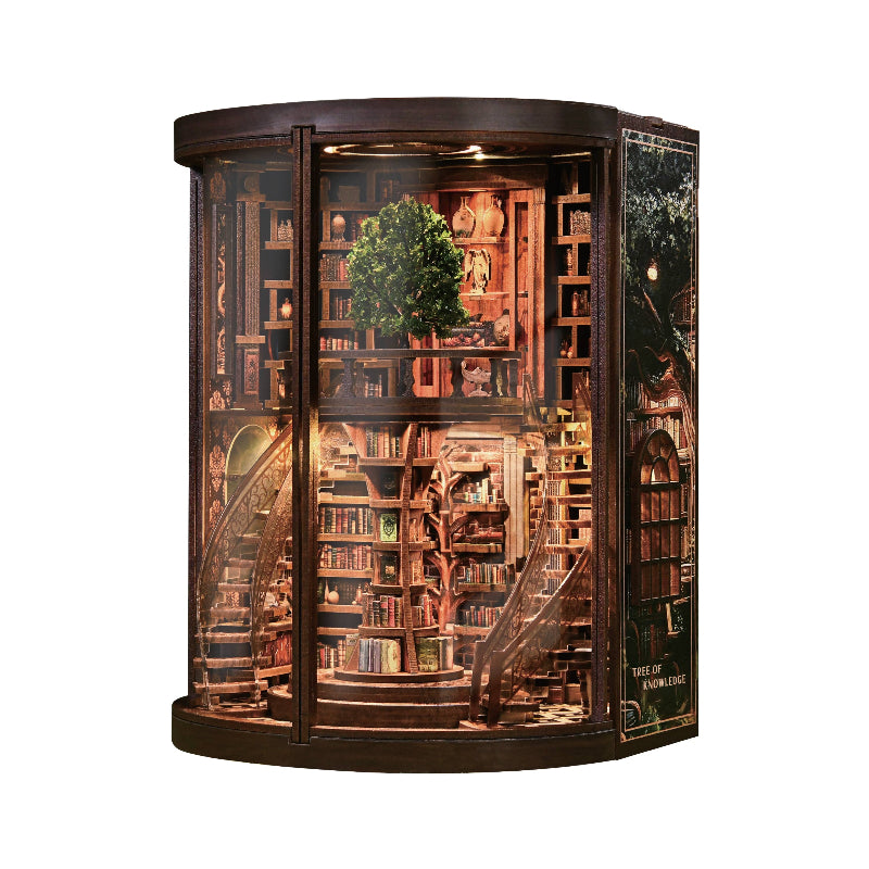 Wooden bookshelf model with intricate details on a white background